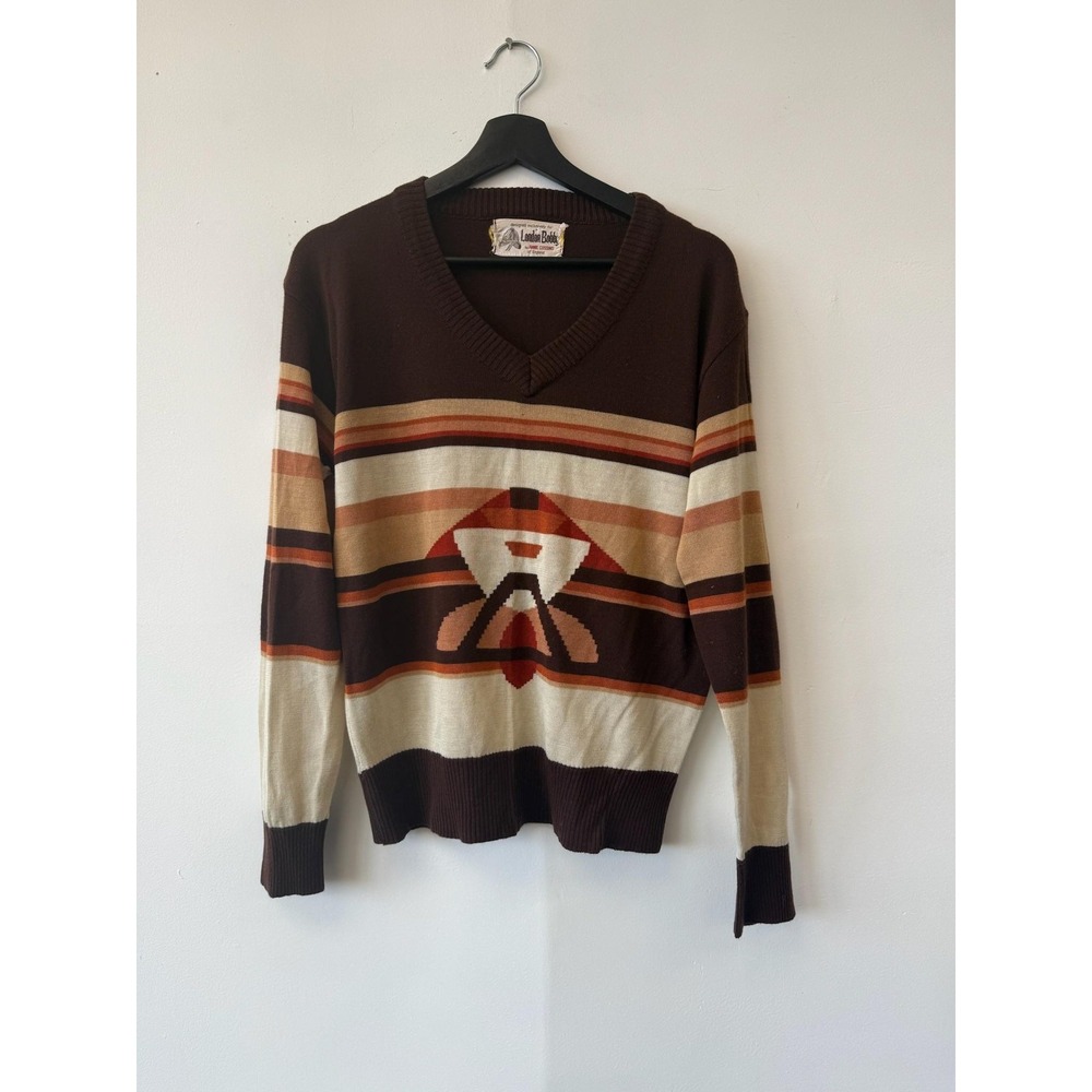 Vintage London‎ Bobby Sweater Mens Small Brown Tan Striped V Neck Pullover 70s